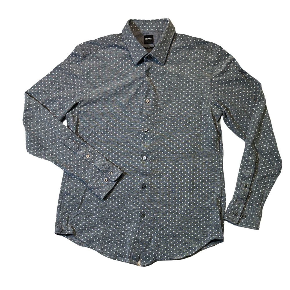 Hugo boss mens L Large gray geo pattern slim fit pique cotton button up shirt